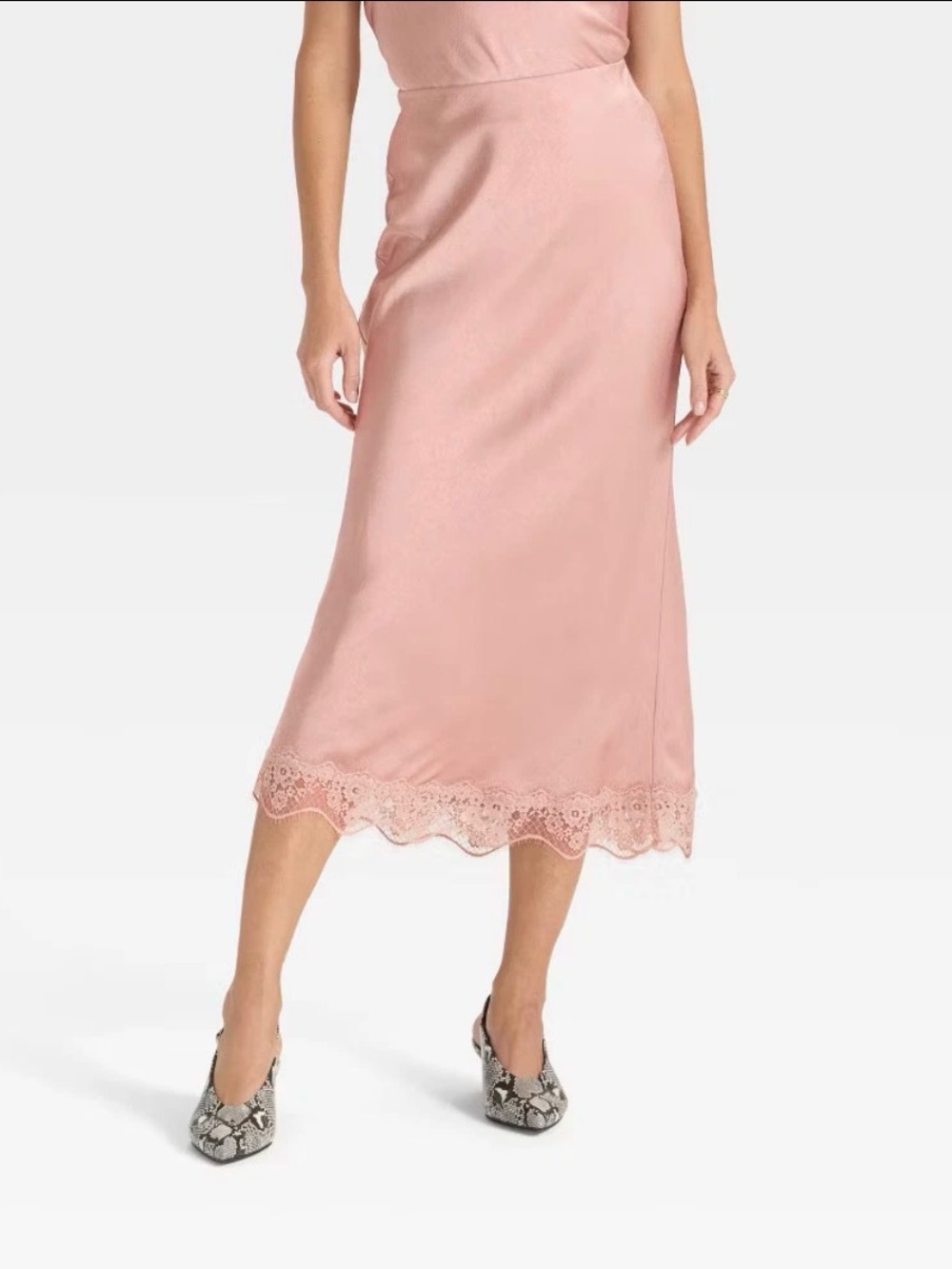 A New Day Women's Satin Lace Trim Midi Skirt S